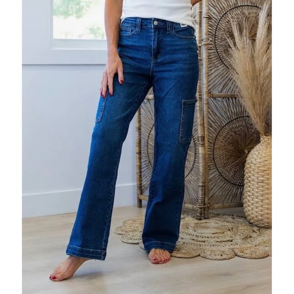 Judy Blue Denim - Judy Blue Wide Leg Cargo Jeans Size  5/27 Dark Blue NWT JB88725 DK High Waist